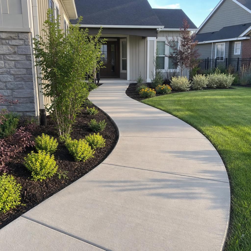 A curved residential concrete walkway with a broom finish