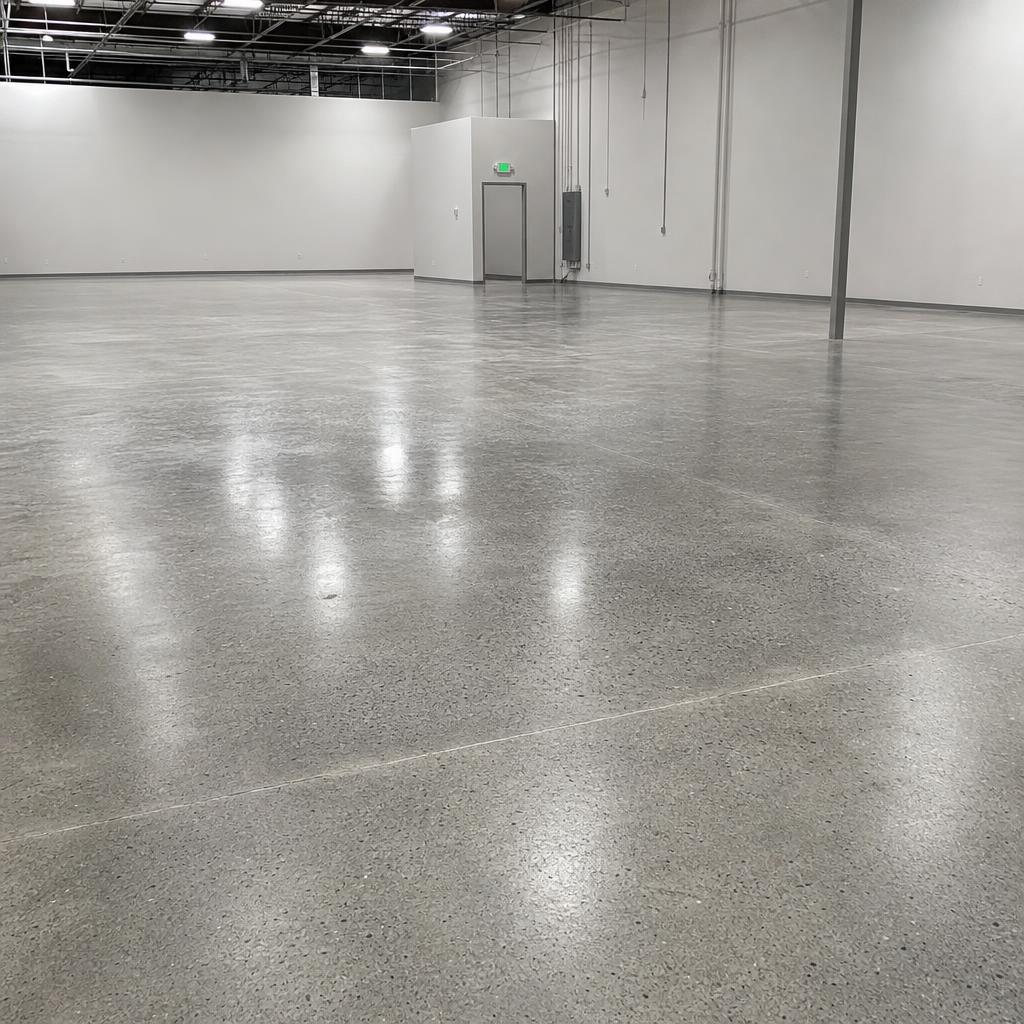 Polished commercial concrete floor inside a large building