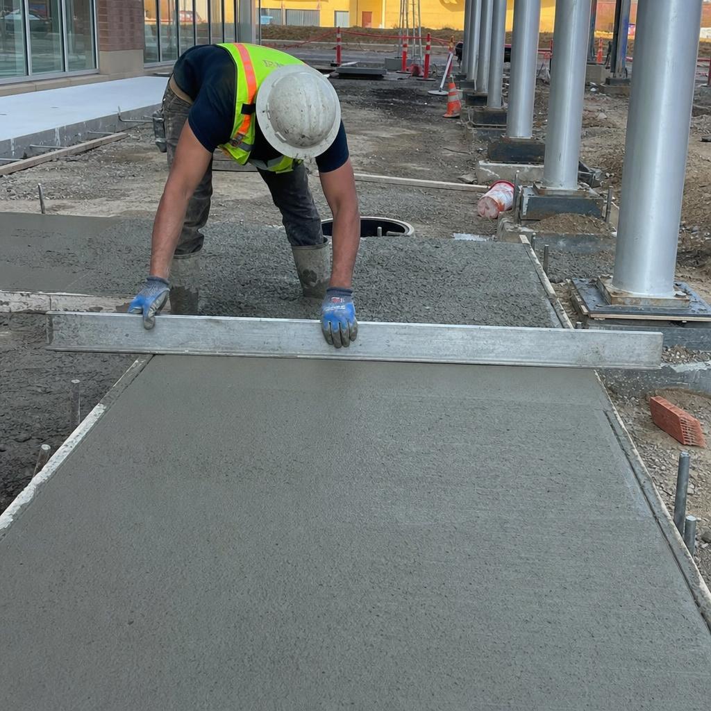 A concrete finisher screeding a freshly poured slab over a compacted base