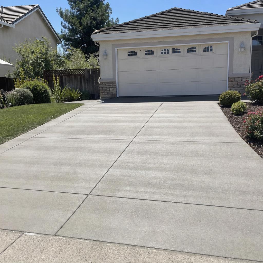 A finished residential concrete driveway leading to a two-car garage
