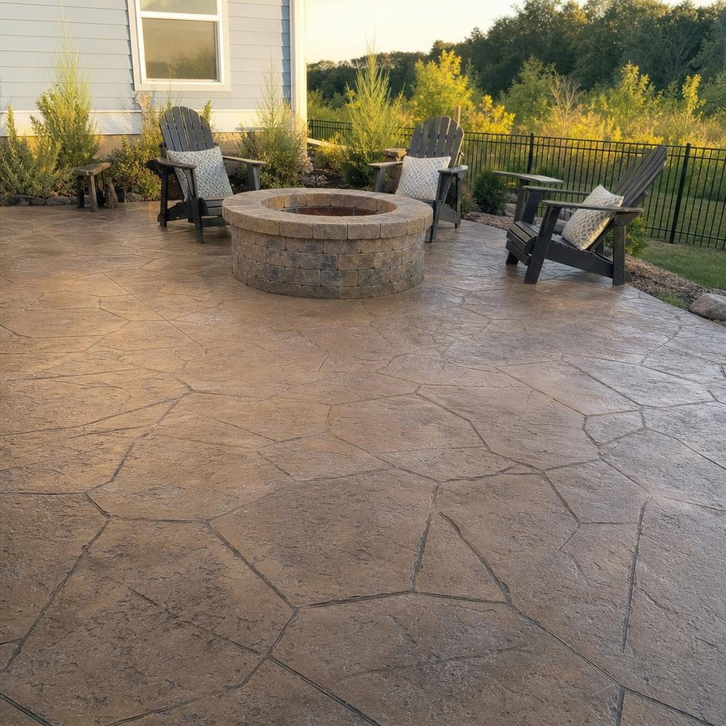 A stamped concrete patio with a circular fire pit