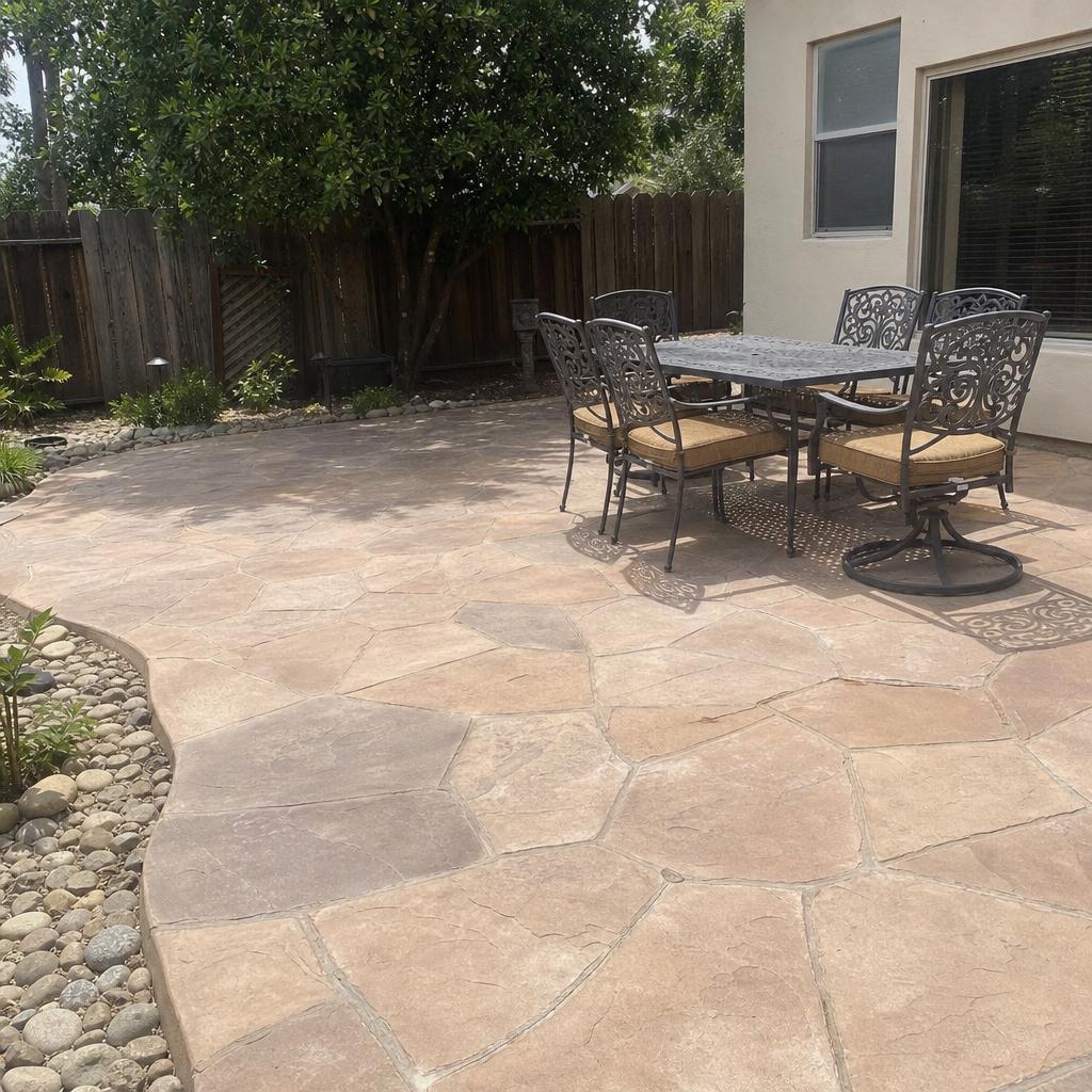 A decorative stamped concrete patio with a flagstone pattern