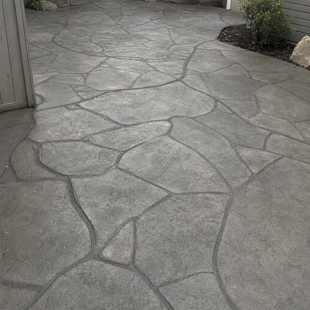 Stamped concrete patio with a textured stone-look finish